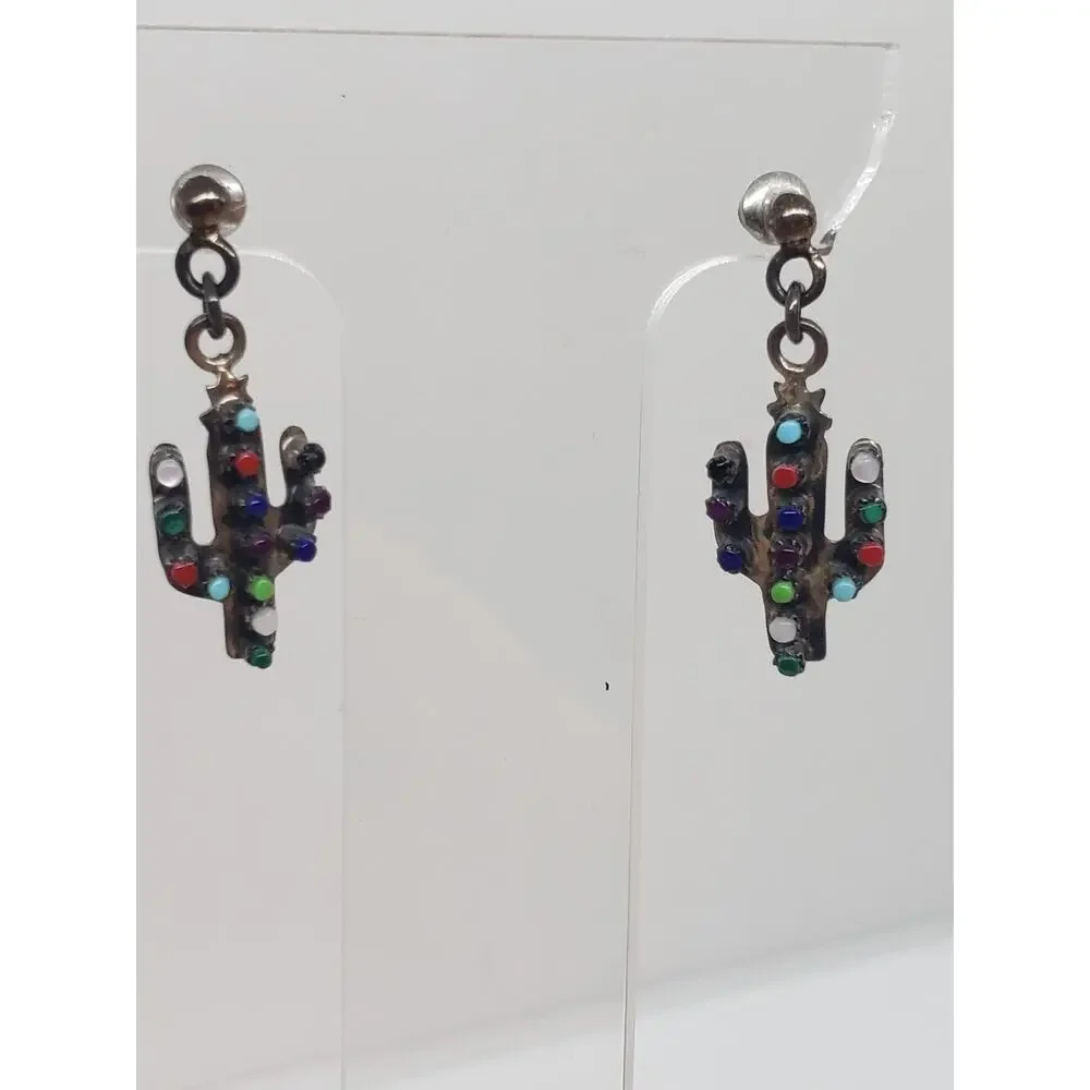 Vintage Sterling Silver Len Adakkai 925 Cactus Earrings Navajo Dangle Southwest